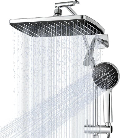 Shower Head with Handheld,High Pressure Chrome Slide Bar ShowerHead | Regaderas Para Shower,11.8" Rectangular,Rain Shower Head,Dual Shower Head,Bathroom Decor,Extension Arm,5 Spray Mode