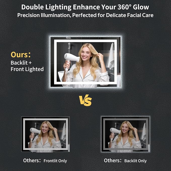 24"x42" LED Bathroom Mirror with Lights, Anti-Fog, Backlit+Frontlit | CRI 95, Stepless Dimmable, 3 Colors Lighting, Shatterproof Tempered Glass, HD Reflection, Memory, (Horizontal/Vertical)