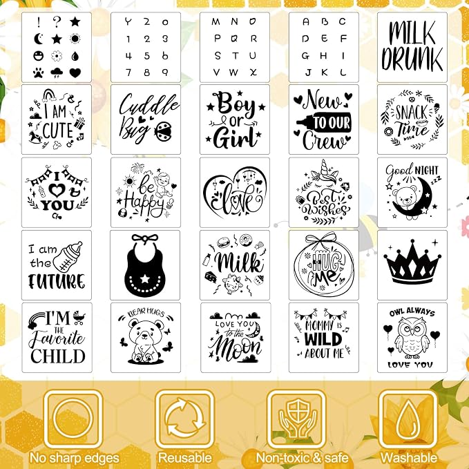 Panitay 126 Pcs Baby Shower DIY Bodysuit Set Bib 25 Blank White Newborn Bodysuit 25 Stencils 24 Marker 1 Sign 50 Pins(Bee)
