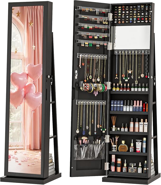 4-In-1 Jewelry Cabinet Jewelry Armoire Lockable Standing, Black | Jewelry Organizer with Storage, Full-Length Mirror, 3 Storage Shelves, Makeup Mirror, 360 ° Swivel Jewelry Armoire for Women
