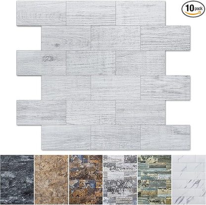 Art3d Peel and Stick Backsplash, Stick on Wall Tile, 10-Pack, White-Washed | PVC, Self Adhesive, Splash Resistant, Multi-Surface Compatibility, Ideal for Kitchens, Fireplaces, Stair Areas