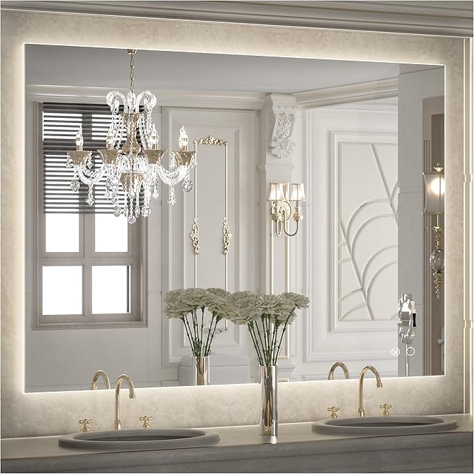 Keonjinn Backlit Mirror 40 x 32 Inch LED Mirror Bathroom Vanity Mirror with Lights 3-Color Warm/Natural/White High Lumens 6418LM, Anti-Fog Wall Mounted Dimmable Lighted Makeup Mirror | Dimmable 3 Color Lights, High Lumen, Auto-OFF Defogging, Secure Fre...