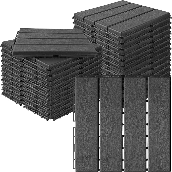 27 Pcs Plastic Interlocking Deck Tiles 12" x 12" Patio Floor Decking Tiles Indoor Outdoor Waterproof Non-Slip Flooring Tile All Weather Use for Balcony Backyard Porch Poolside, Dark Grey