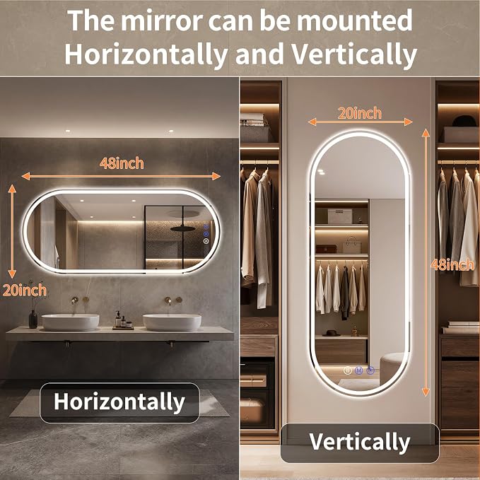 Oval LED Bathroom Mirror, 20"x 48" Frameless Lighted Mirror | LED Mirror with Front Light & Backlit, Anti-Fog, Dimmable Wall Mounted Lighted Mirror, Pill-Shaped Smart Bathroom Mirror