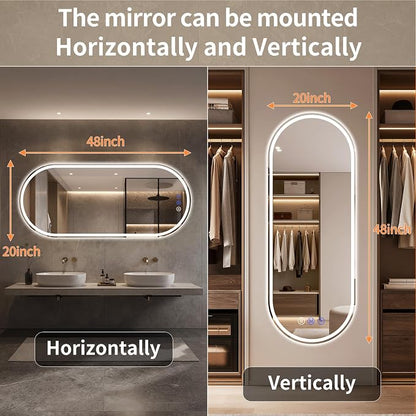 Oval LED Bathroom Mirror, 20"x 48" Frameless Lighted Mirror | LED Mirror with Front Light & Backlit, Anti-Fog, Dimmable Wall Mounted Lighted Mirror, Pill-Shaped Smart Bathroom Mirror