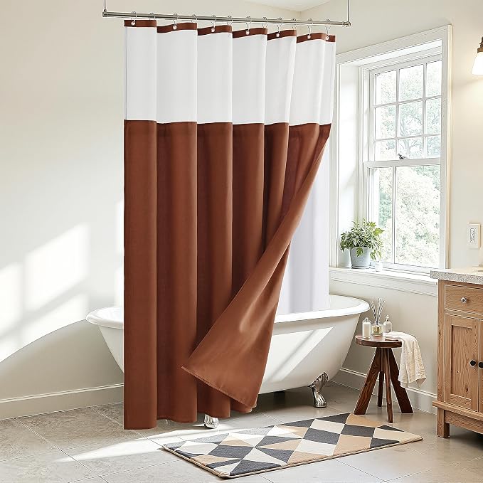 Linen Shower Curtain 78 Inch for Bathroom Terracotta Double Layer | Curtains with Hook, Snap in Liner, Water Repellent, Neutral Farmhouse, Neutral Bath Decor, 1 Panel, 72x78