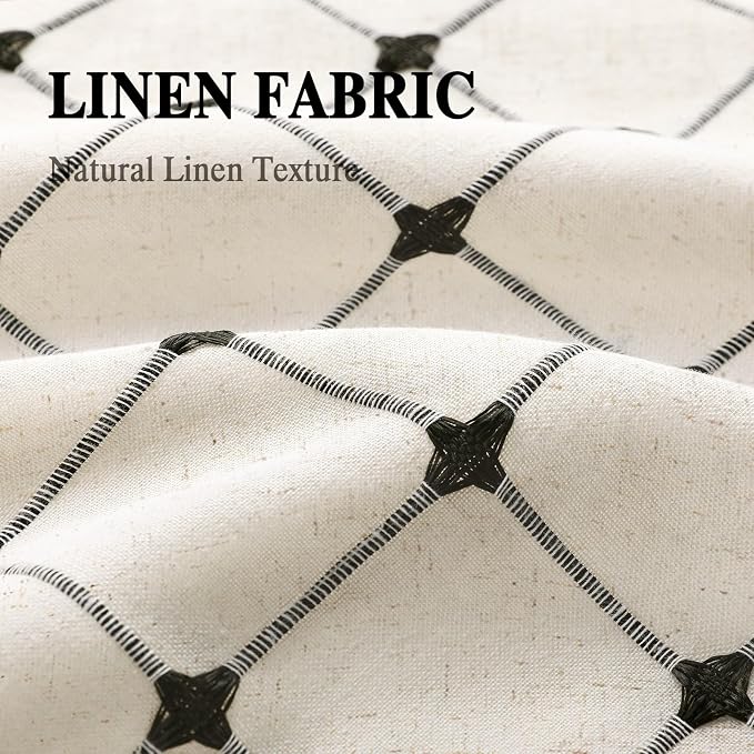 Farmhouse Shower Curtain Button Plaid-Beige-Black Stripe 72"W x 72"L | Farmhouse Style, Chic Button, Striped, Linen Fabric, Rustic, Country, Natural Look, Washable, for Bathroom Bathtub