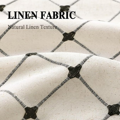 Farmhouse Shower Curtain Button Plaid-Beige-Black Stripe 72"W x 72"L | Farmhouse Style, Chic Button, Striped, Linen Fabric, Rustic, Country, Natural Look, Washable, for Bathroom Bathtub