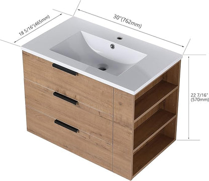 30" Bathroom Vanity with Sink, Floating Bathroom Vanity,Modern Vanity Bathroom,Wall-Mounted Bathroom Vanity with Top Basin & Storage Cabinet,Brown, 3 Drawers&3 Shelves