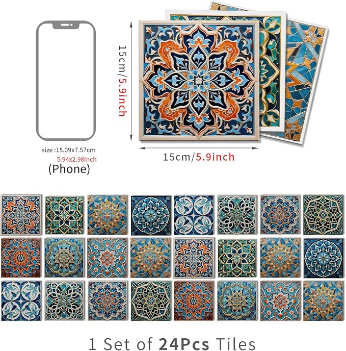 6x6 in Wall Tile Decals Stick on Backsplash for Kitchen,24Pcs | 1.6mm-Thick FOAM+PE Tile Stickers,Self-adhesive Tiles Bathroom,Cabinets,RVs