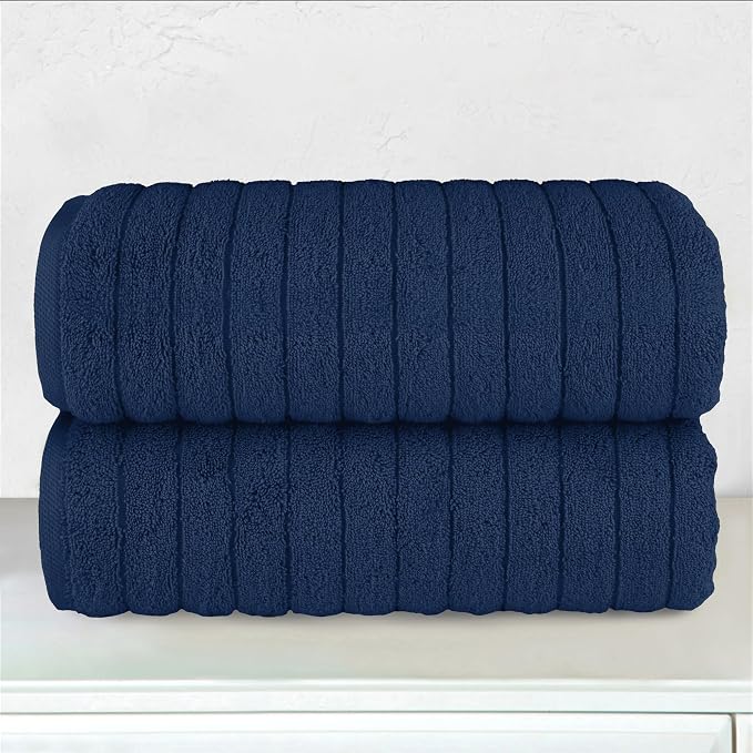 Elegant Comfort 100% Turkish Cotton Corduroy Ribbed Luxury Soft 2 Pack Bath Towels 27 x 54 Inch - Ultra Plush, Absorbent, Quick Dry, Hotel Spa Quality Towels for Bathroom Essentials, Navy