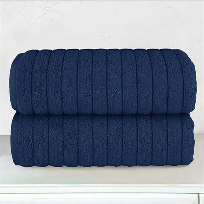 Elegant Comfort 100% Turkish Cotton Corduroy Ribbed Luxury Soft 2 Pack Bath Towels 27 x 54 Inch - Ultra Plush, Absorbent, Quick Dry, Hotel Spa Quality Towels for Bathroom Essentials, Navy