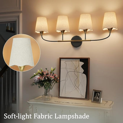 Morauroral Bathroom Light Fixtures Over Mirror, 4 Light Vanity Light for Bathroom, Black Gold Vanity Light Fixtures with Fabric Linen Shade, E26 Socket Sconce Wall Decor(ETL Listed)