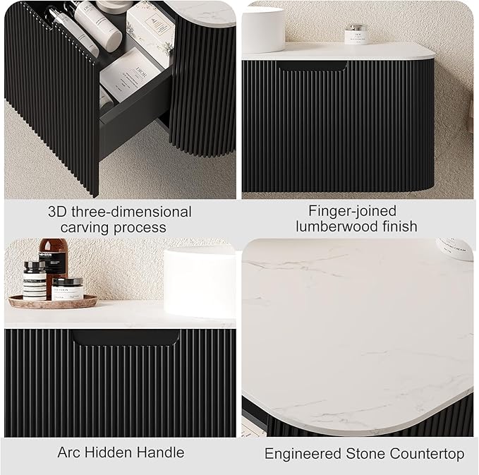 30'' Floating Bathroom Vanity with Sink, Solid Wood Modern Bathroom Vanities with Rectangular Ceramic Basin and Marble Top, Soft-Close Design, Large Storage Drawer, Pre-Assembled Cabinet, Gloss Black