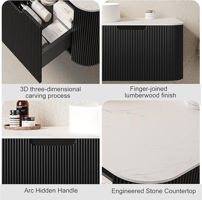 48 inch Floating Bathroom Vanity with Sink, Modern Bathroom Vanities with White Rectangular Ceramic Basin and Marble Top, 2 Large Soft-Closing Storage Drawers, Pre-Assembled Cabinet, Gloss Black
