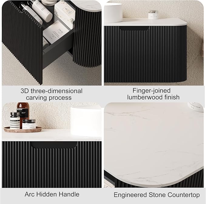 30" Floating Bathroom Vanity with Sink, Gloss Black Cabinet | Plywood Cabinet, Single Sink, Doubel Sink, Ceramic Basin & Marble Countertop, Pre-Assembled