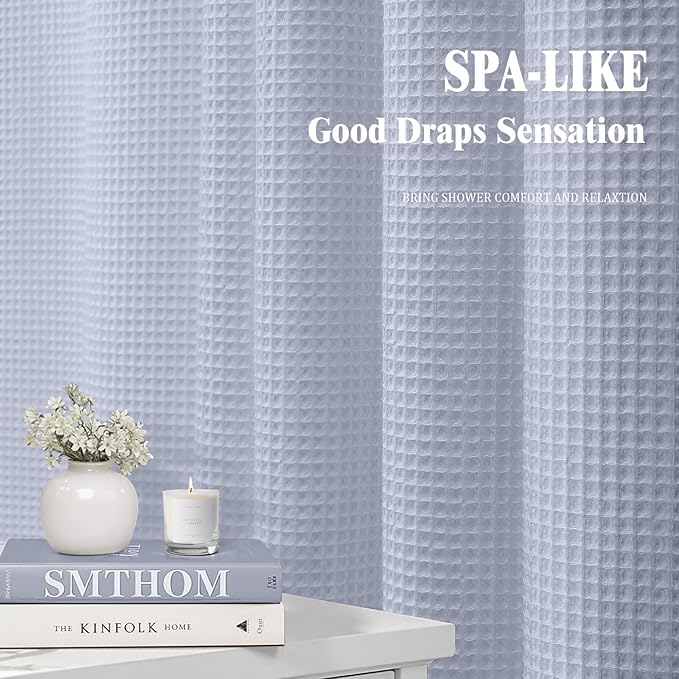 Extra Long Waffle Shower Curtain - Misty Blue Cotton Texture Fabric Heavyweight Shower Curtains for Bathroom,72Wx84L