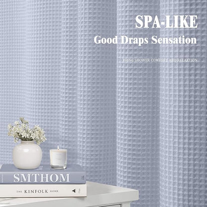 Long Waffle Shower Curtain Heavyweight Cotton Fabric Misty Blue 72Wx84L | Soft Cotton Cloth,3D Square Truely Waffle,Washable, Hotel Luxury Spa, Shower Curtains for Narrow Bathroom 12 Plastic Hooks