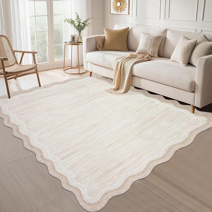 Garvee Scalloped 10x13 Area Rugs for Living Room Neutral Solid Rug | Large Washable Rugs, Stain Resistant Non Slip Floor Mat Carpet Indoor Accent Rug for Bedroom Dining Room Playroom Home Decor