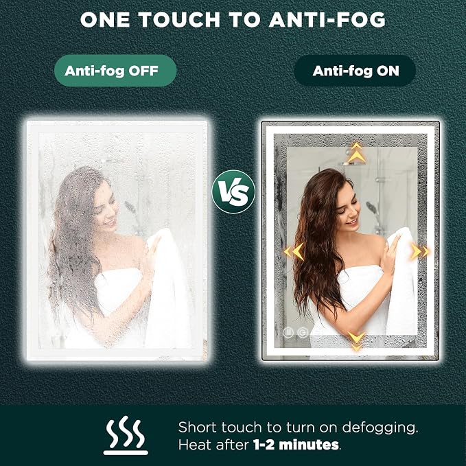 32" x 24" LED Bathroom Mirror with Lights, Memory Vanity Mirror | Anti-Fog, 3 Color Modes, Dimmable, Front Lit, Memory Function, Tempered Glass, Lighted Bathroom Mirror for Wall