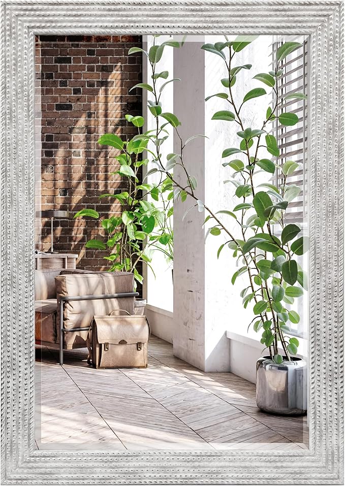 Americanflat 24x36 Wall Mirror - Hanging Mirrors with Durable Frame - Modern Mirror for Bathroom, Bedroom, Living Room - Mirrors for Wall Display and Home Decor - Metallic White with Beaded Texture
