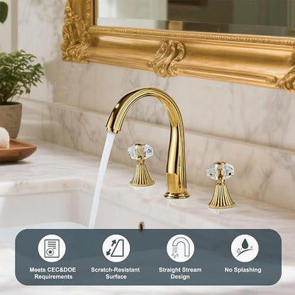Gold Crystal 3 Hole Sink Vanity 8 Inch Brass 2 Handles 2 Tone Widespread Modern Unique Bathroom Faucets Sets, Antique Lavabo Faucet, Vintage Lavatory Vessel Luxury Mixer Tap with Pop up Drain