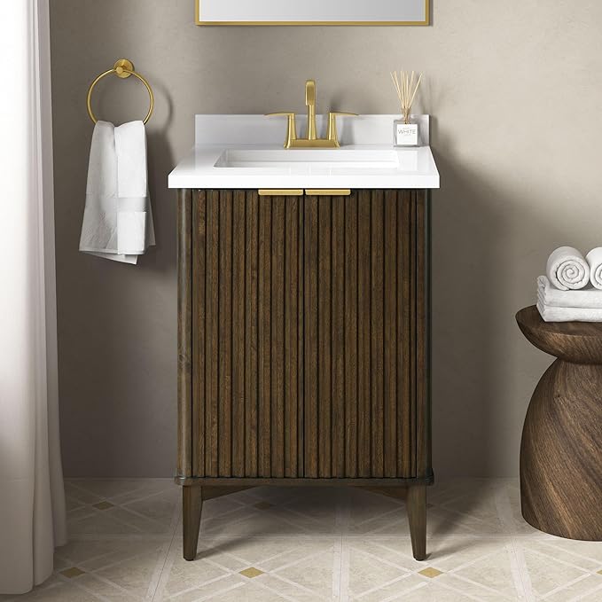 OVE Decors Indy 24 in. Undermount Single Sink Bathroom Vanity with White Engineered Marble Top, Dark Walnut