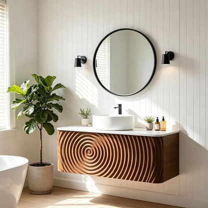 36" Floating Bathroom Vanity with Sink, Mid-Century Wall Mounted Bathroom Vanity Cabinet with Waved Decor, Ceramic Vessel Basin, Sintered Stone Top, Soft Close Storage Drawer, Walnut