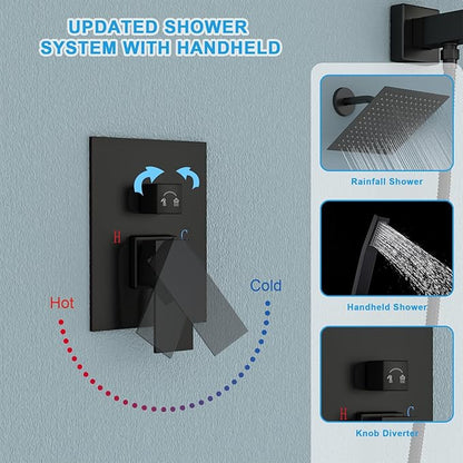 Black Shower Head Faucet - Lordear 8 Inch Wall Mounted Rain Shower System Set, Matte Black Stainless Steel Square Rainfall Shower Head with Handheld, Brass Valve Included