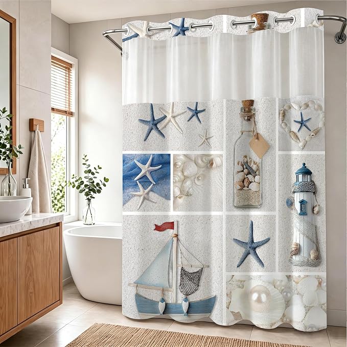 White Abstract Beach Theme No Hook Waffle Weave Shower Curtain with Snap in Liner Summer Ocean Coastal Nautical Modern Bathroom Decor Set 72 W x 74 H Inch Blue
