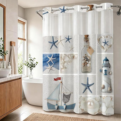 White Abstract Beach Theme No Hook Waffle Weave Shower Curtain with Snap in Liner Summer Ocean Coastal Nautical Modern Bathroom Decor Set 72 W x 74 H Inch Blue