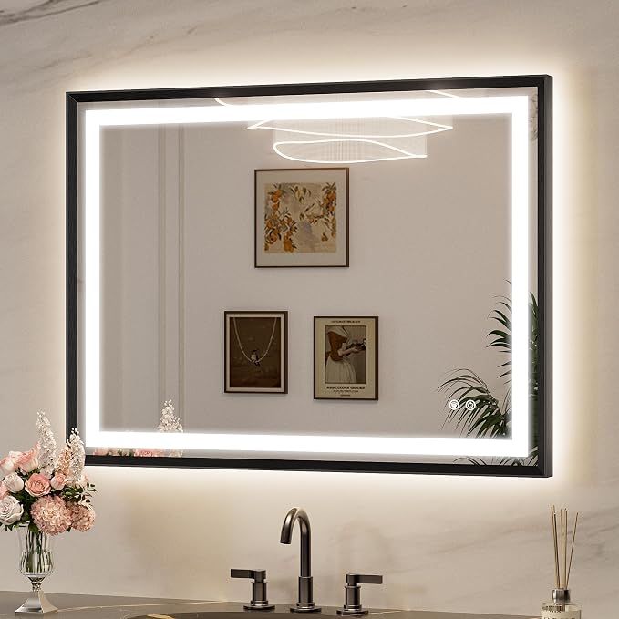 Keonjinn 40x30 Inch Black LED Bathroom Mirror with Lights, Beveled Edge | Frontlit & Backlit, Lighted Bathroom Mirror, HD Tempered Glass, 3 Color Temperatures, Anti-fog, Stepless Dimmable