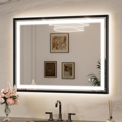 Keonjinn 40x30 Inch Black LED Bathroom Mirror with Lights, Beveled Edge | Frontlit & Backlit, Lighted Bathroom Mirror, HD Tempered Glass, 3 Color Temperatures, Anti-fog, Stepless Dimmable