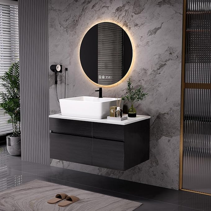 32" Floating Bathroom Vanity with Single Sink, Modern Black Wall-Mounted Bathroom Vanities with Above Ceramic Basin, Wood Bathroom Vanity Cabinet with 1 Drawers and 2 Storage Cabinets