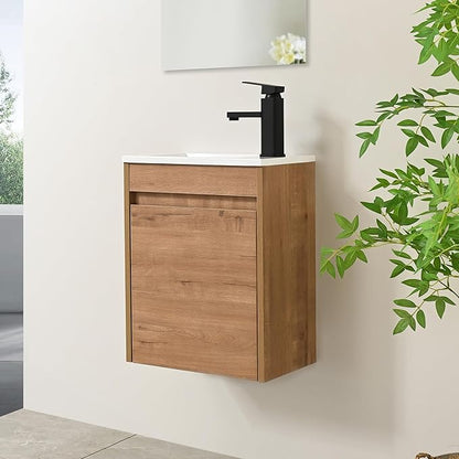 16" Bathroom Vanity Sink Combo for Small Space, Wall Mounted Bathroom Cabinet Set with White Resin Basin Sink Top Black Faucet Pop Up Drain Nature