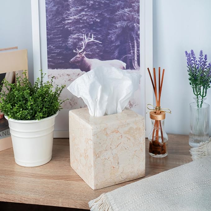 Creative Home Natural Marble Tissue Box Cover, Square Beige Tissue Holder