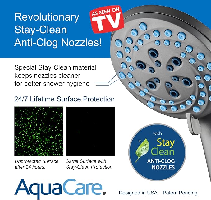 AquaCare New 8-mode High Pressure Handheld Shower Head w/ 2-way Power Wash | Stay Clean Nozzles, Dual Power Wash for Tub, Tile & Pets, Long 6 ft. Stainless Steel Hose, Wall & Overhead Brackets / Modern