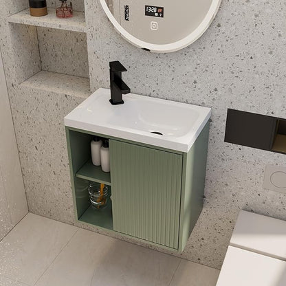 eclife 20" Floating Bathroom Vanity Sink Combo for Small Space, Wall-Mounted Guest Toilet Wash Basin Cabinet with Opening Shelf, Soft Closing Door, Gray Green Painted