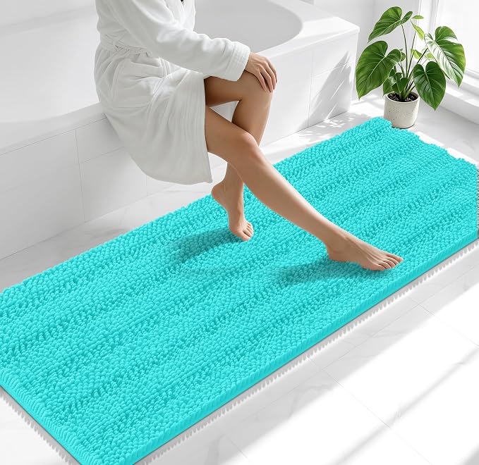 Smiry Thick Chenille Bathroom Runner Rugs 70x24, Absorbent Bath Mat, Teal | Quick‑Dry & Machine Washable, Non‑Slip Bath Carpet, Soft Striped Bath Rugs for Tub & Shower, Modern Home Decor Accessories