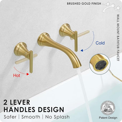 Wall Mount Tub Faucet, High Flow Solid Brass Brushed Gold Bathtub Faucet, 2 Handles Tub Filler with 8" Spout Reach, Rough-in Valve Included