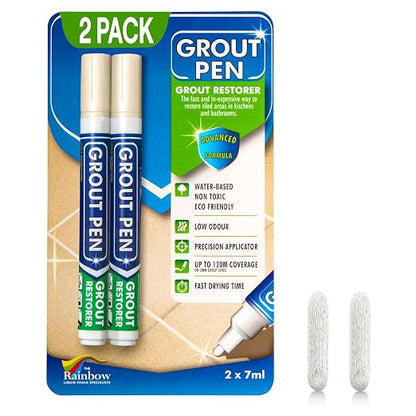 Grout Pen Cream Tile Grout Paint Marker - 2 Pack w/Extra Tips (7mL) | Waterproof Grout Refresh Restorer for Kitchen & Bathroom, Tile Grout Colorant Pens - Narrow Tip 5mm - Cream