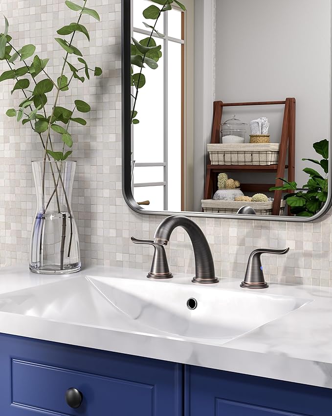 WOWOW Widespread Bathroom Faucet Oiled Rubbed Bronze Bathroom Sink Faucet 3 Hole Vanity Faucets 2 Handle Basin Faucet 8 Inch Mixer Tap with Pop Up Drain and Supply Hose