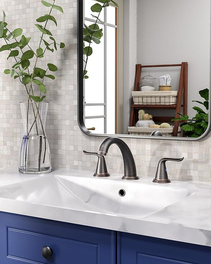 WOWOW Widespread Bathroom Faucet Oiled Rubbed Bronze Bathroom Sink Faucet 3 Hole Vanity Faucets 2 Handle Basin Faucet 8 Inch Mixer Tap with Pop Up Drain and Supply Hose