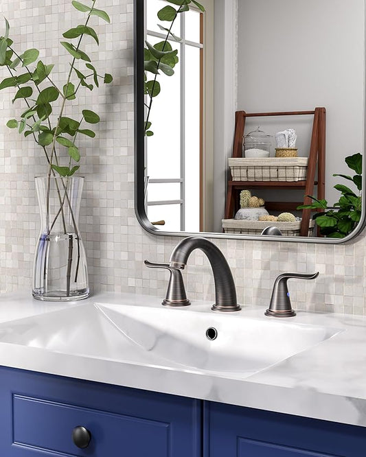 WOWOW Widespread Bathroom Faucet Oiled Rubbed Bronze Bathroom Sink Faucet 3 Hole Vanity Faucets 2 Handle Basin Faucet 8 Inch Mixer Tap with Pop Up Drain and Supply Hose