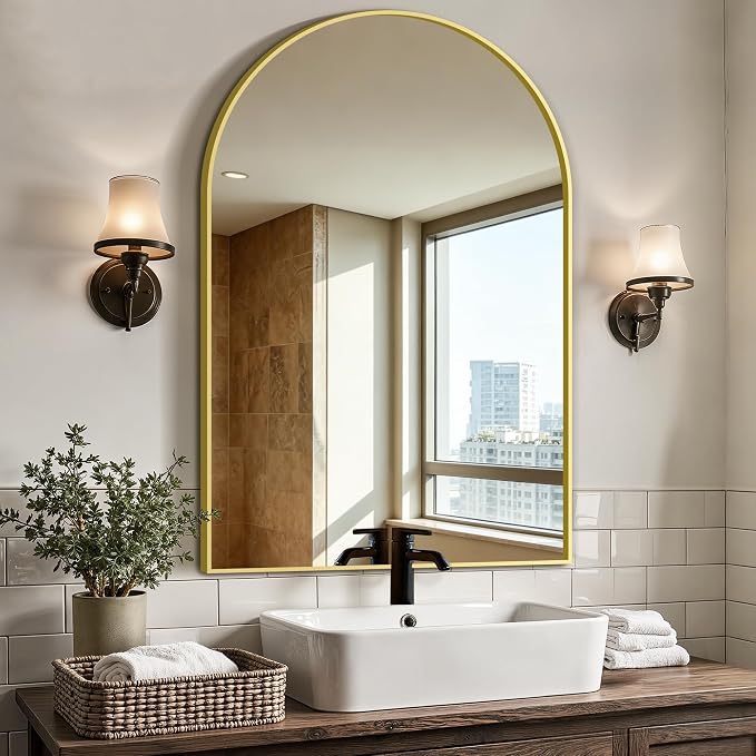 Arched Bathroom Vanity Mirror for Over Sink, 36”x24”, Gold | HD Tempered Glass, Anti-Rust Metal Frame, Hanging or Leaning, Wall Mirrors for Bathroom Sink, Bedroom, Living Room, Entryway