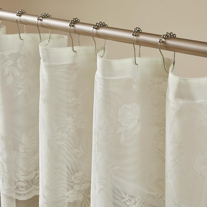 Ivory Lace Shower Curtain for Bathroom Romantic Floral Shower Curtain with Attached Valance Romantic Cream Luxury Lace, Vintage Shabby Chic Bath Curtains for Master Bath Apartment Women, 1 Panel 72x72