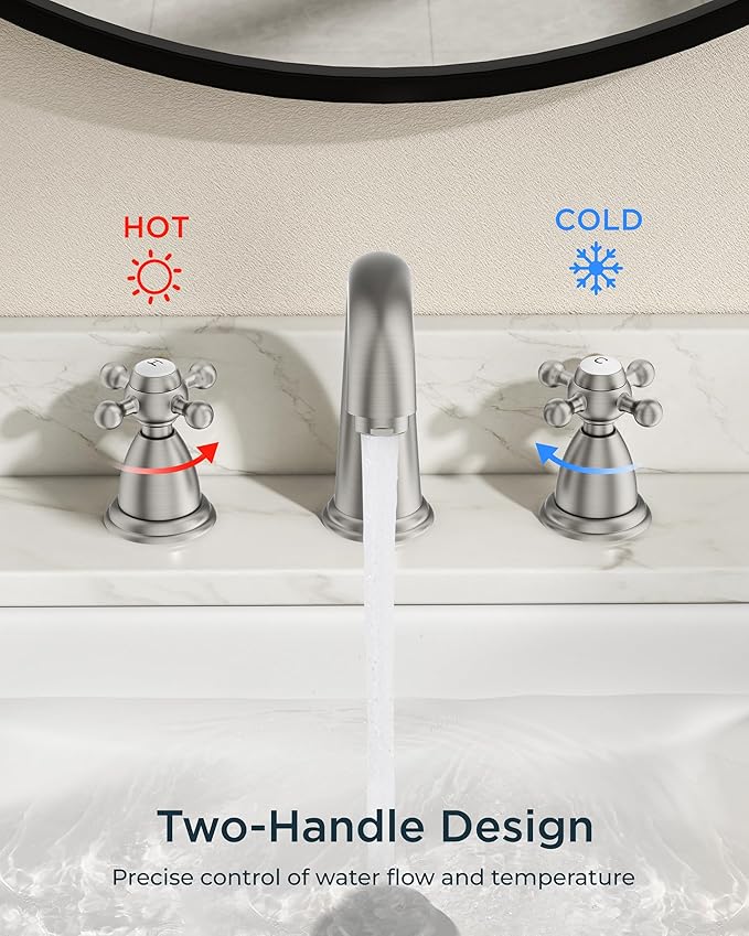 FORIOUS Faucet for Bathroom Sink 3 Hole, Brushed Nickel Bathroom Faucet Widespread with Pop Up Drain and Water Hose Supply, 2 Cross Handle Design, for Vanity RV Farmhouse Sink