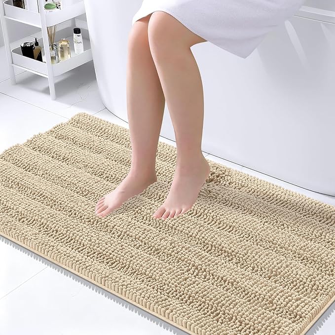 OLANLY Thick Large Bathroom Rugs 45x27, Soft Chenille Bath Rugs, Beige | Absorbent Striped, Rubber Backing, Machine Wash Dry, Bath Mats for Bathroom Floor, Tub and Shower, Home Decor Accessories