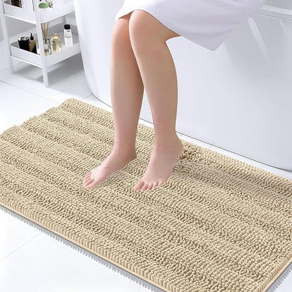 OLANLY Thick Large Bathroom Rugs 45x27, Soft Chenille Bath Rugs, Beige | Absorbent Striped, Rubber Backing, Machine Wash Dry, Bath Mats for Bathroom Floor, Tub and Shower, Home Decor Accessories