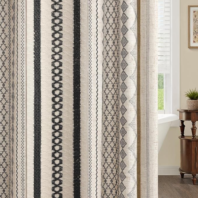 Black Shower Curtain,Boho Linen Shower Curtain for Bathroom with Striped Print,72" W x 72" L